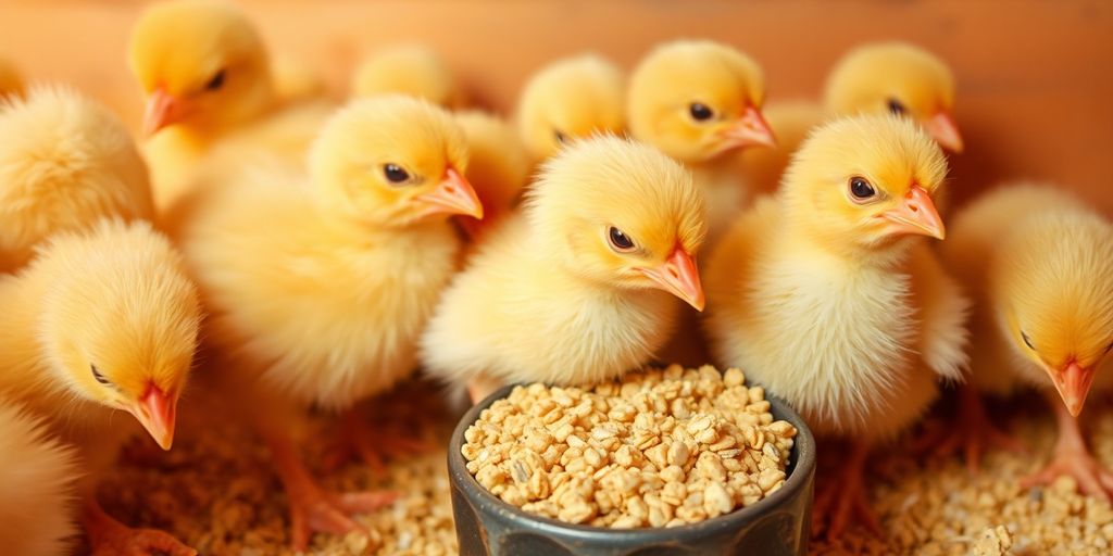 Day-old chicks pecking at chick feed in a brooder.
