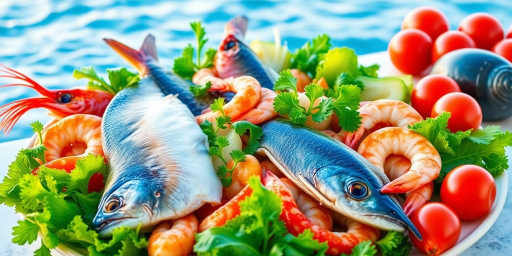Colorful seafood platter on a serene ocean background.