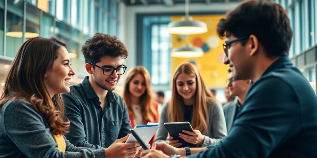 Étudiants collaborant dans un laboratoire moderne.