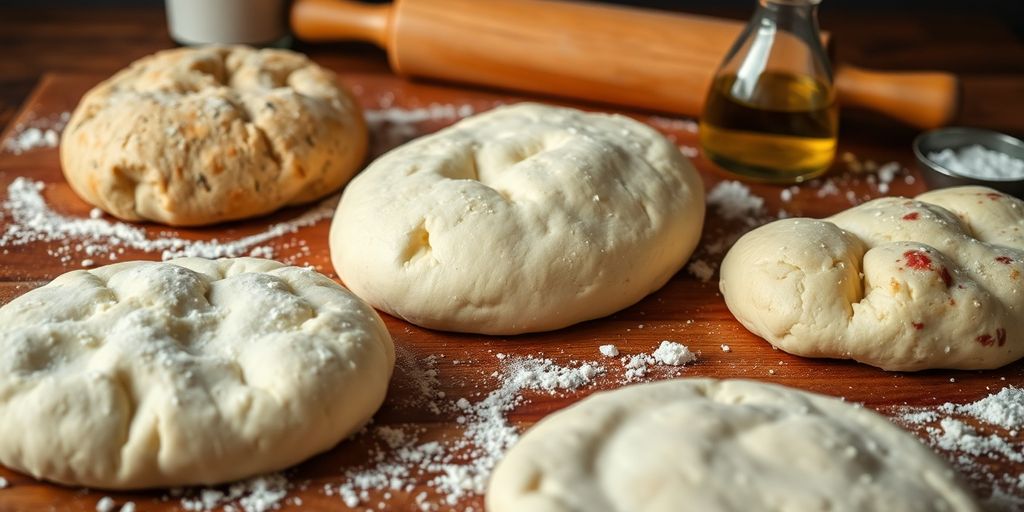 Várias massas de pizza em uma superfície de madeira.