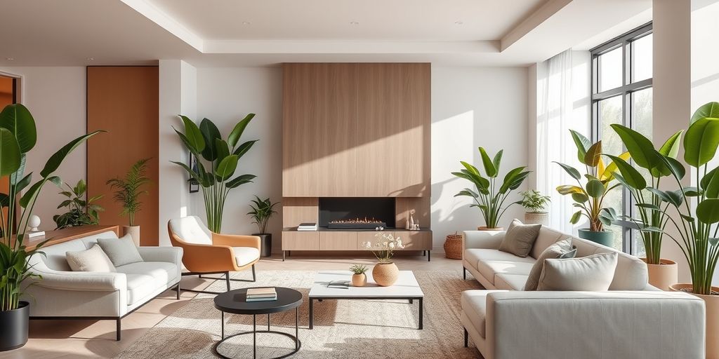 Modern living room with stylish furniture and indoor plants.