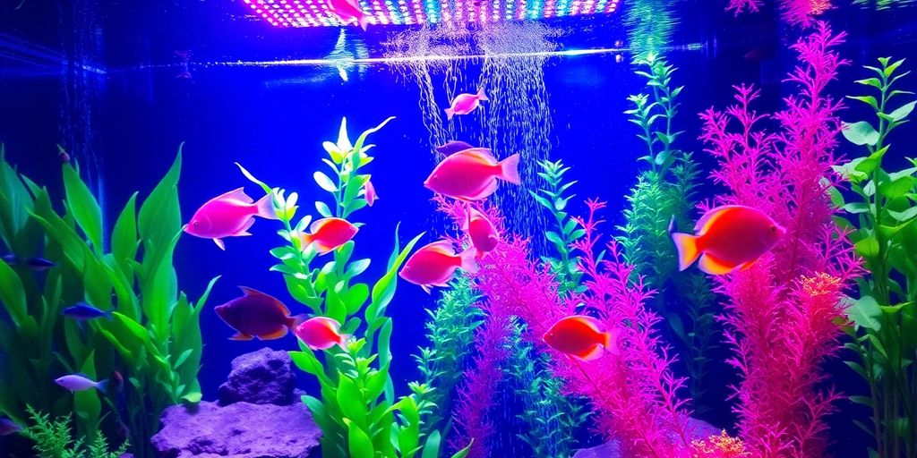 色彩斑斓的水族箱，里面有生动的鱼和LED照明。