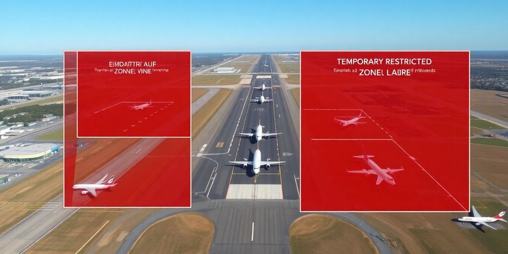 Vue aérienne d'un aéroport avec zones restreintes.