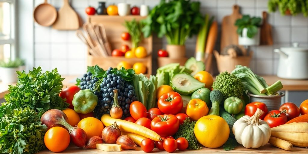 Colorful fresh fruits and vegetables on a kitchen counter.