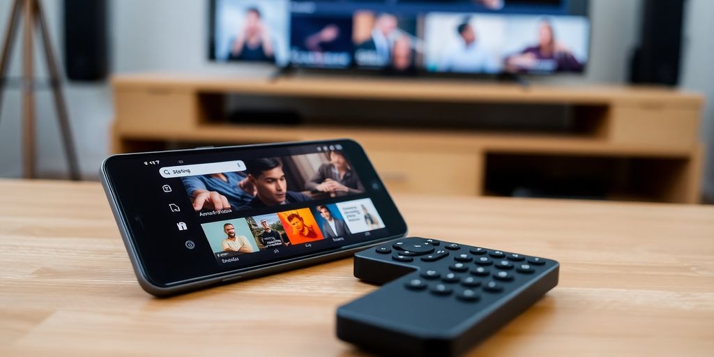 هاتف يعمل بنظام أندرويد مع شاشة بث وتلفاز خلفي ضبابي