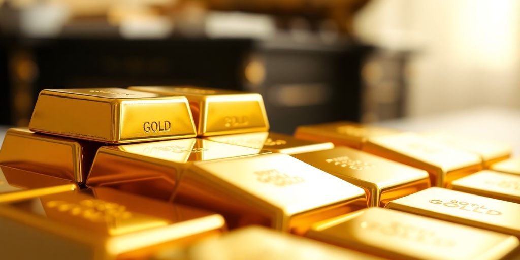 Des barres d'or empilées dans un cadre luxueux.