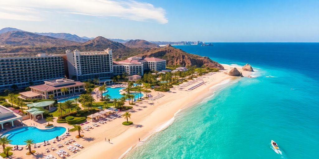 Vista aérea de los resorts de aventura en Cabo San Lucas.