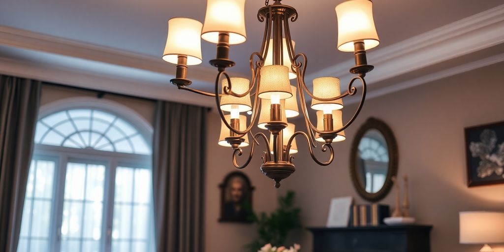 Elegant chandelier with stunning light shades in a living room.