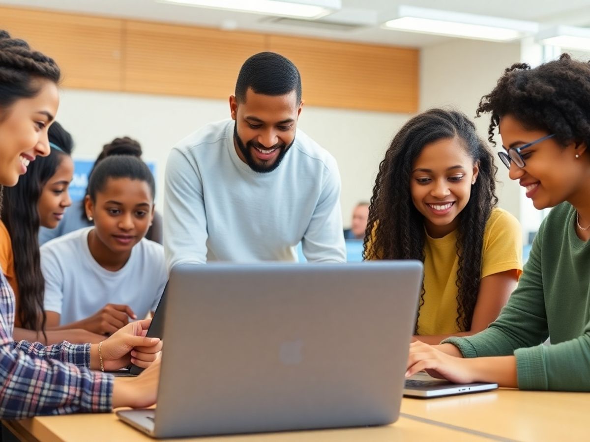 Students collaborating on computer science projects in a classroom.