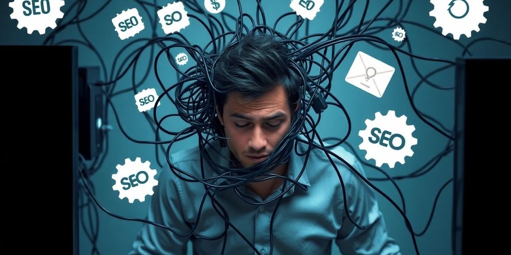 Person tangled in computer wires with SEO icons.