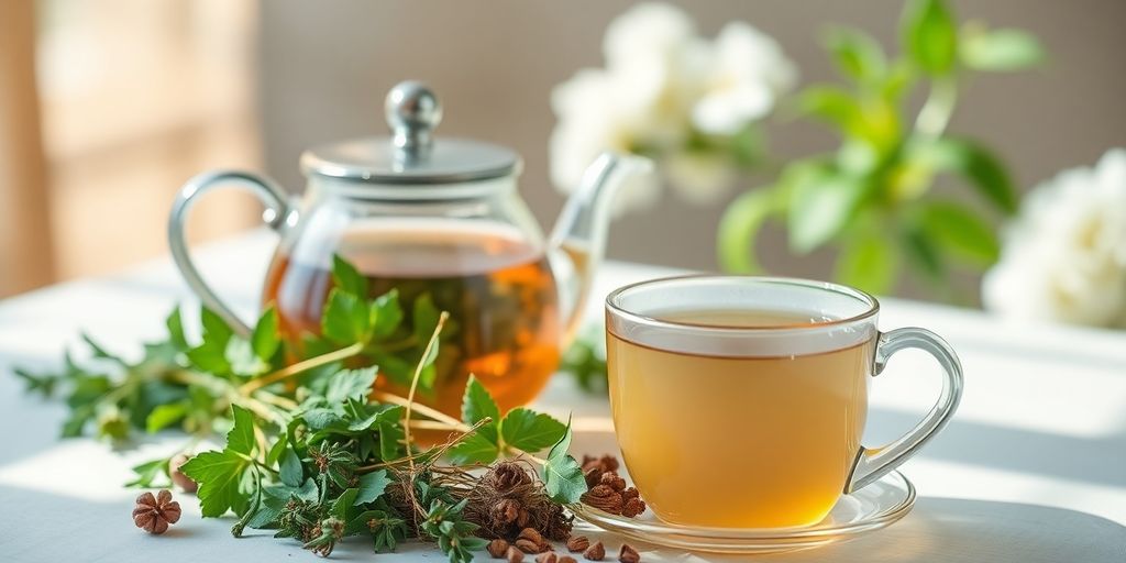 Chás naturais para menopausa em ambiente relaxante.
