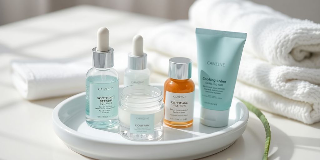 Skincare bottles, jar, tube and aloe sprig on white tray.