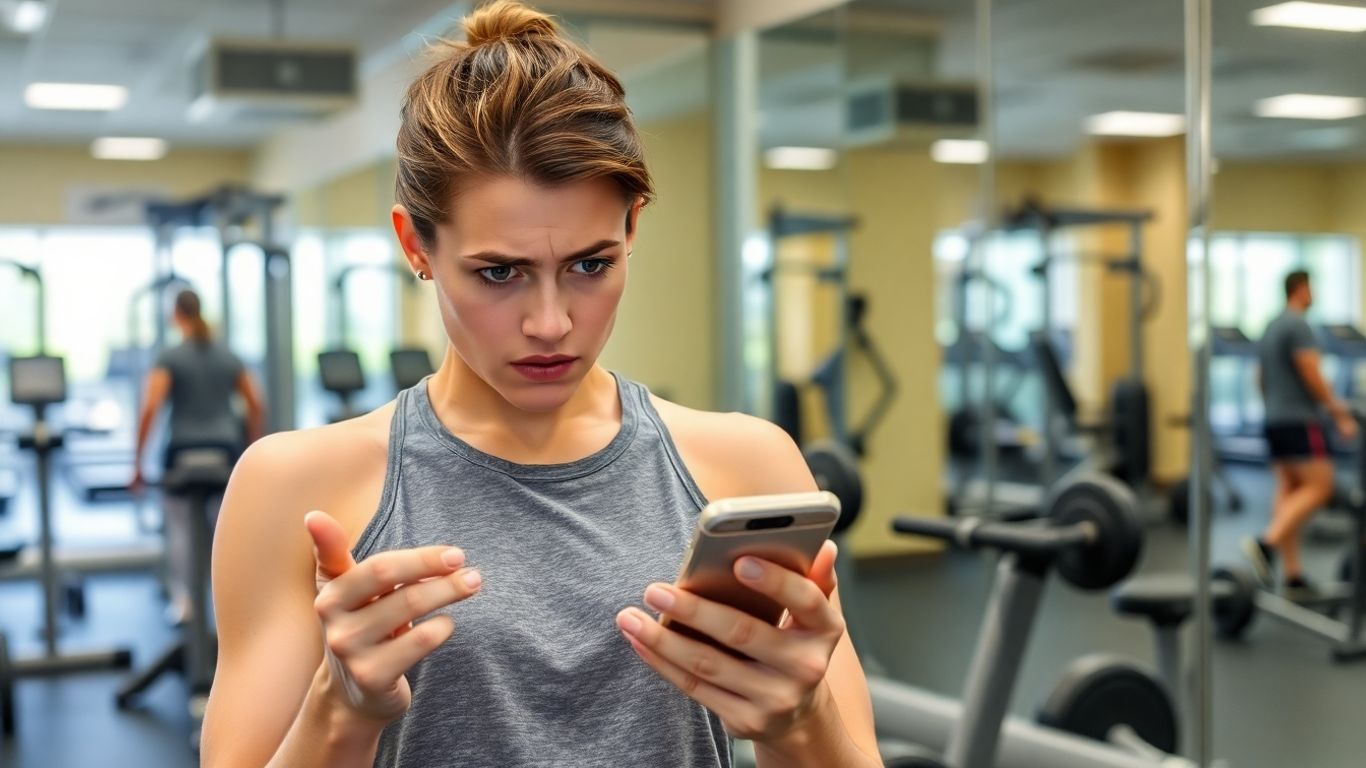 Discouraged person viewing fitness ads on smartphone in gym.
