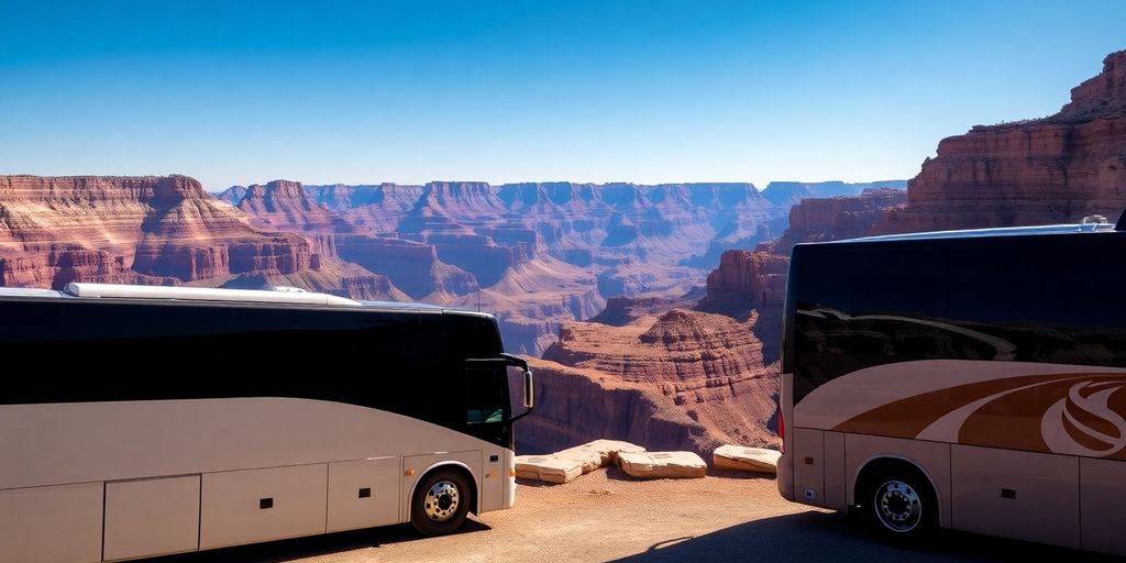 A tour bus at a Grand Canyon South Rim overlook.