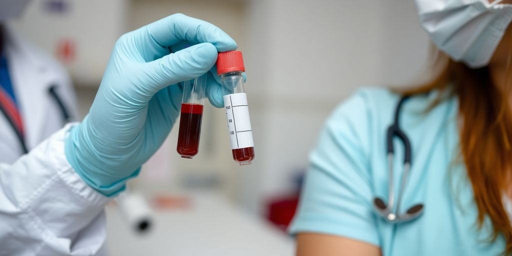 Doctor holding vial near patient's arm for HIV blood test.