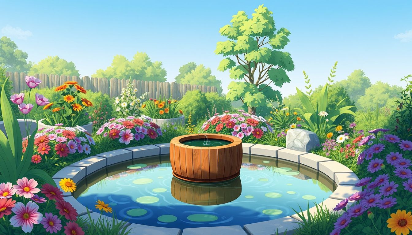 Wooden water feature in a lush garden