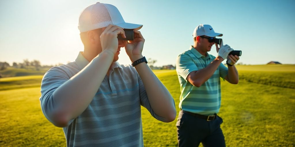 Golfers using rangefinders and GPS devices on a course.