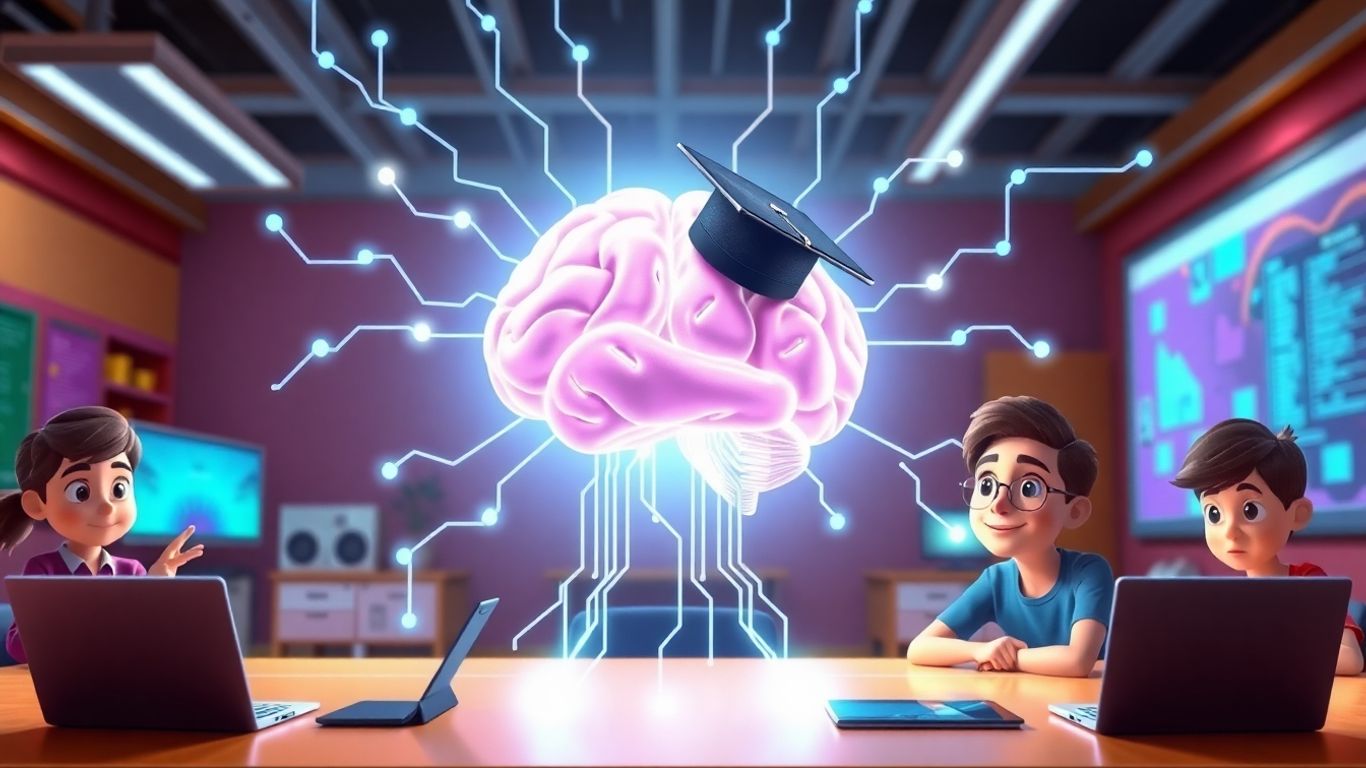 Digital brain with graduation cap and futuristic classroom