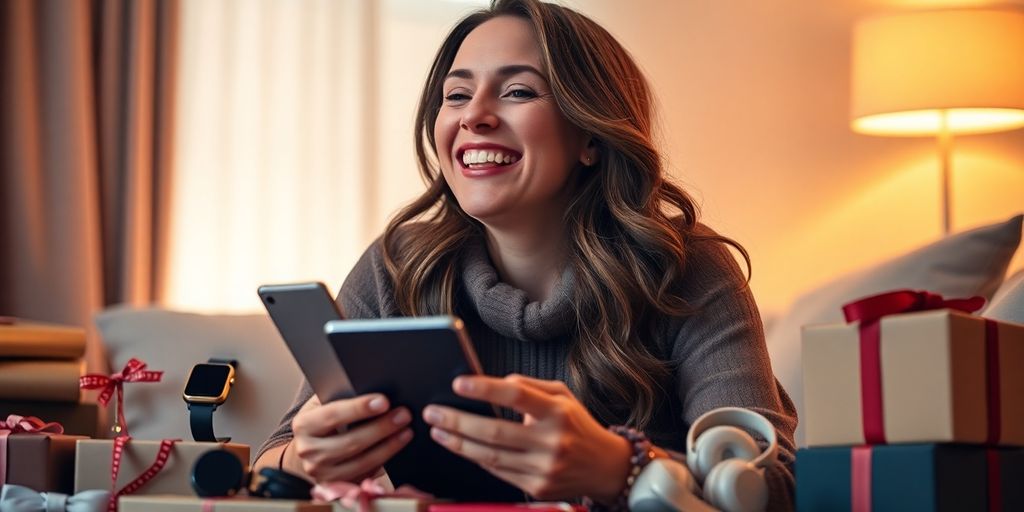 Modern wife with tech gifts, expressing joy and excitement.