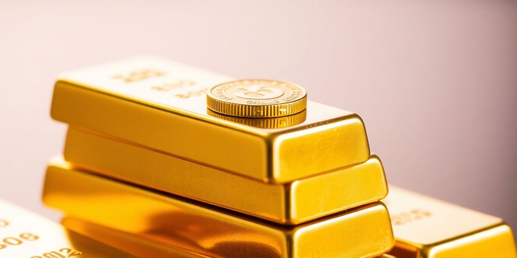 Lingots d'or empilés avec une pièce d'or au sommet.