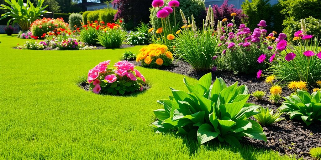 Lush green lawn and vibrant garden beds.