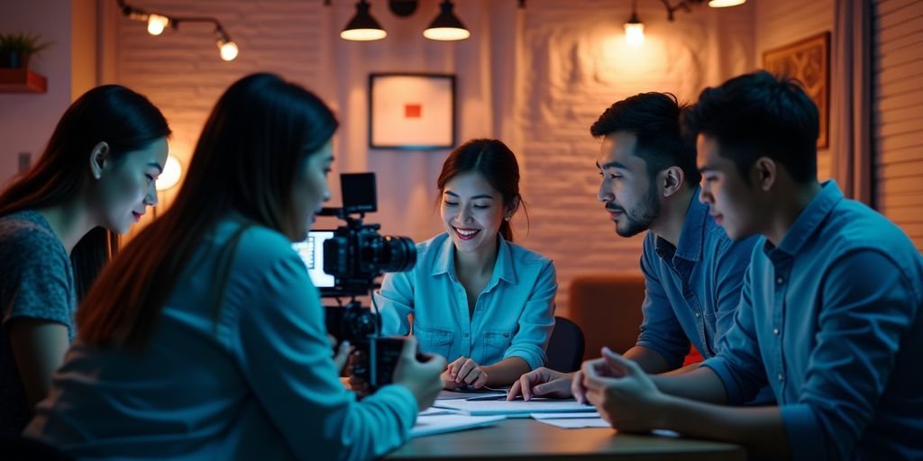 People collaborating on Arabic AI video project.