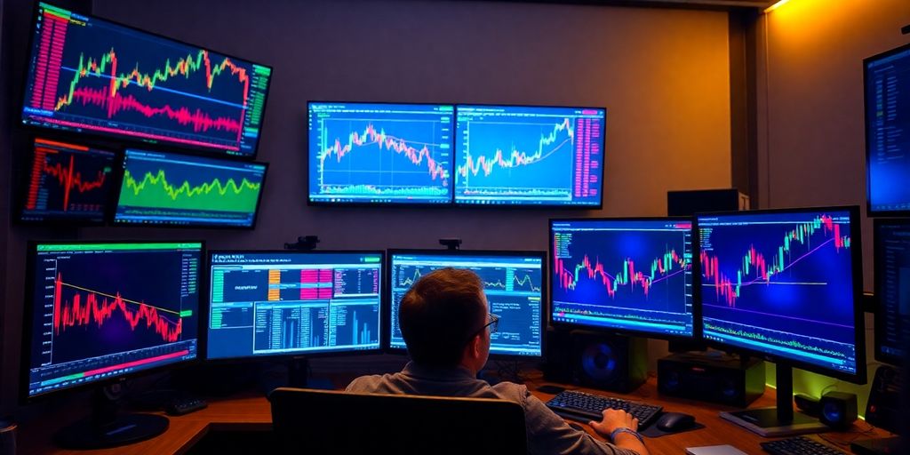 A trader engaged with multiple monitors and vibrant charts.