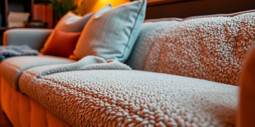 Cozy chenille sofa, throw, pillows, warm lighting.