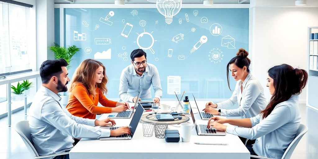 Business professionals brainstorming innovative ideas together.