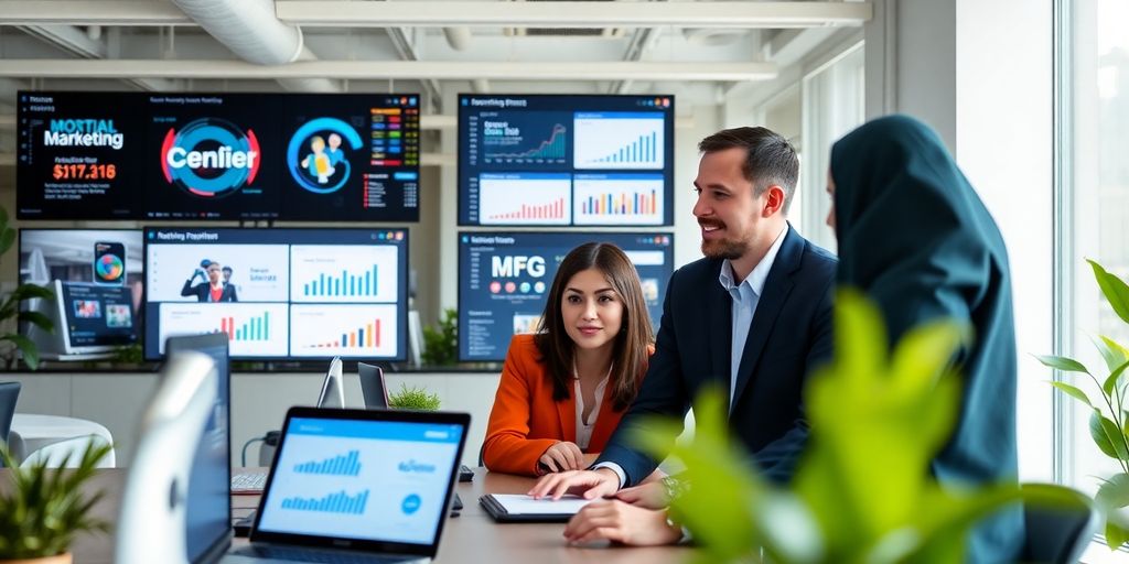 Profissionais de marketing digital em ambiente moderno.