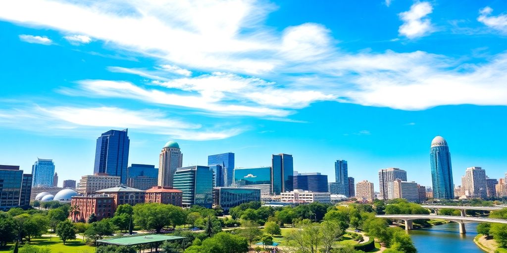 Austin skyline with modern buildings and green spaces.