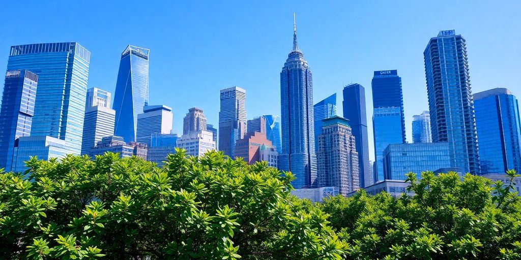 Modern city skyline with diverse buildings.