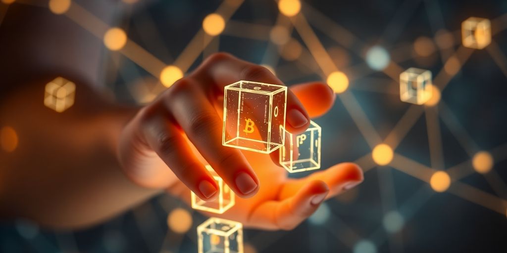 Interconnected glowing blocks, digital network background.