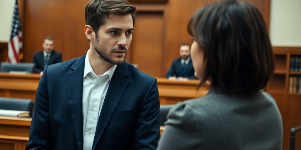 Defense lawyer consulting with client in courtroom setting.