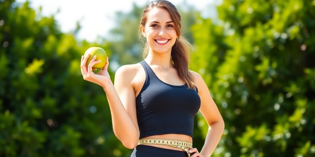 Woman smiling, holding apple and measuring tape.