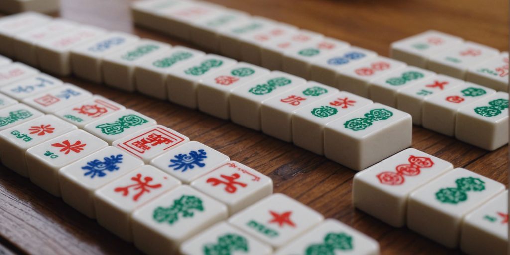 Various mahjong tile sizes on a wooden table with a hand selecting one, illustrating the choice of tile sizes.