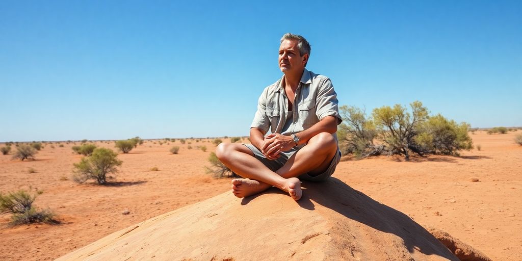 Aussie bloke meditating on dusty red outback rock.