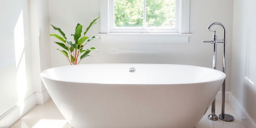 Freestanding oval bathtub in a modern bathroom.