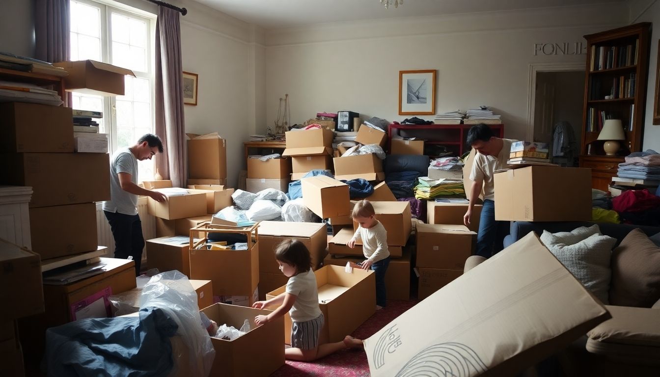 Family clearing clutter in a London living room.