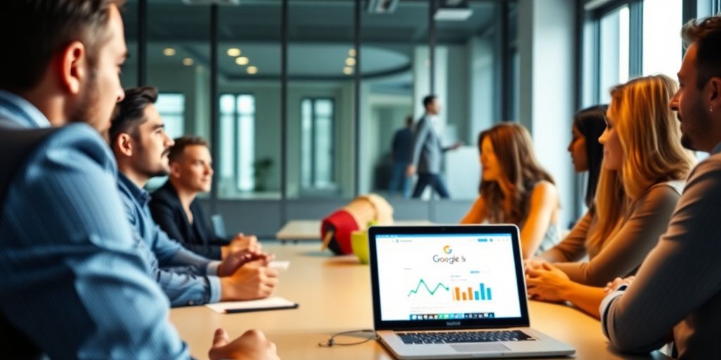 Reunião de negócios com foco em marketing digital.