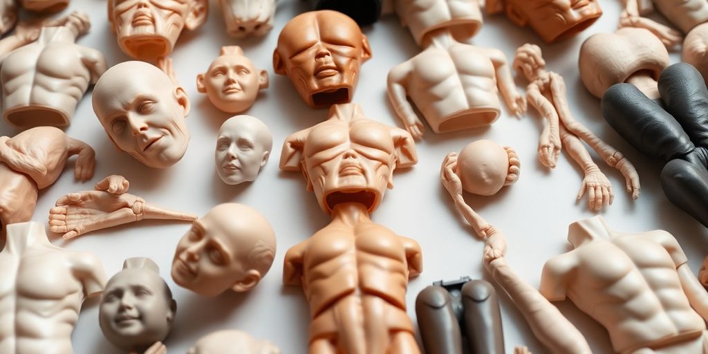A collection of diverse miniature body parts arranged neatly.