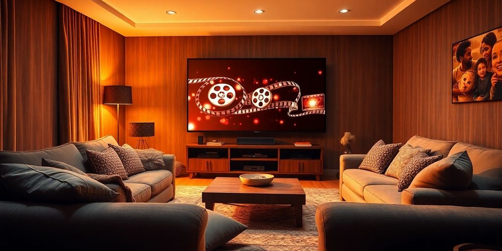 Cozy living room with movie screen and film reels.