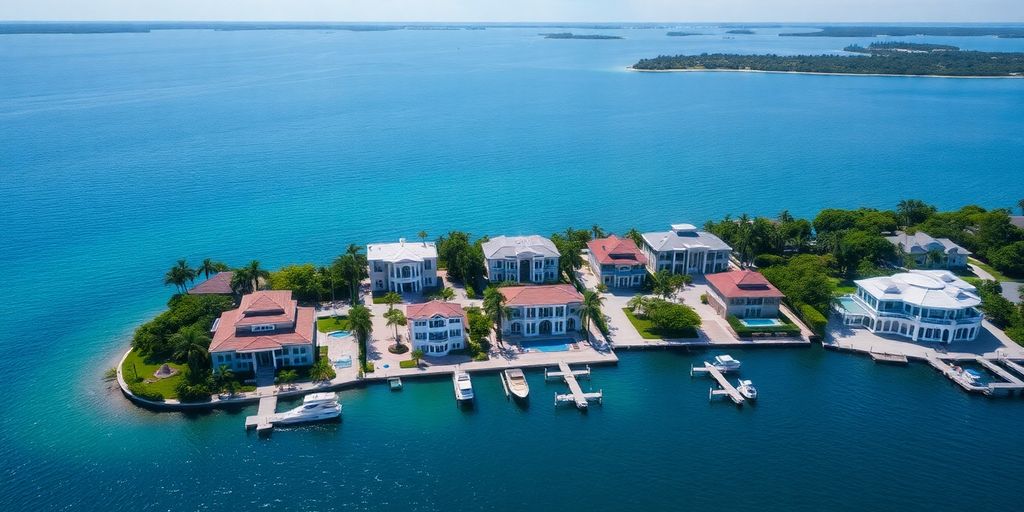 Aerial view of luxurious homes on Star Island, Miami.