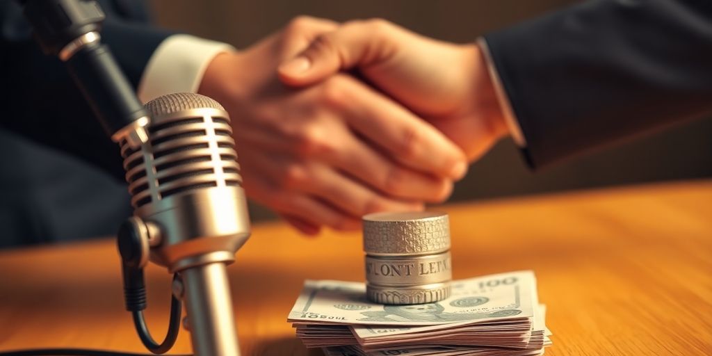 Microphone, money, handshake, podcast, studio.