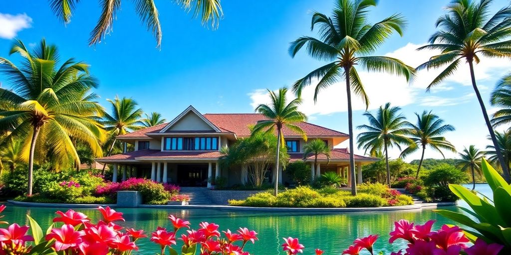 Villa in Thailand with palm trees and clear sky.
