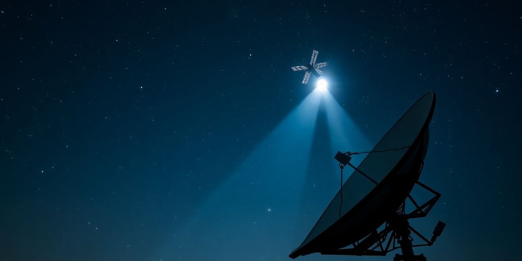 Planeta Terra com satélites orbitando e feixes de conexão.