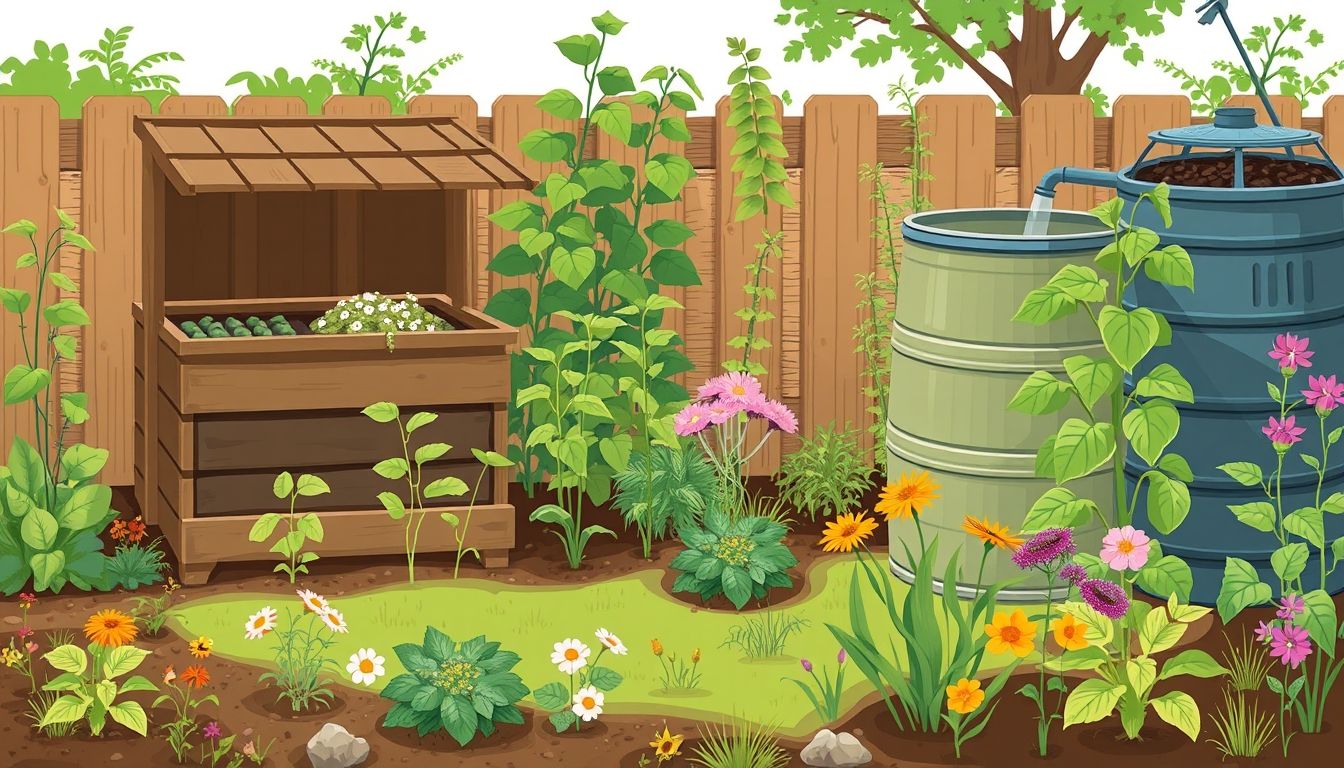 Illustrative garden with compost bins and rainwater barrel.