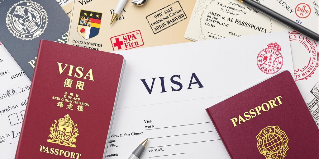 Vize belgeleri ve tercüme araçları içeren bir görüntü.