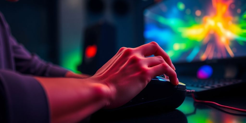 Gamer at desk, brightly lit.