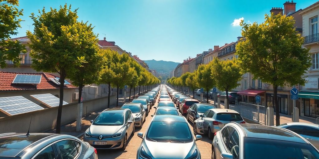 Electric cars in a vibrant European city environment.